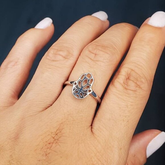 Women's 925 Thin Sterling Silver Hand Hamsa Dainty Protection Amulet Ring - Picture 9 of 10